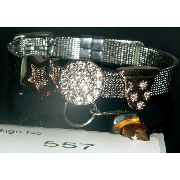 Tiger Eye Gemstone- Stainless Steel Mesh Keeper Bracelet-Band-Slide Charms-557 - Picture 5 of 5